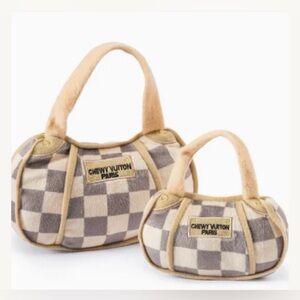 Checker Chewy Vuiton Handbag Squeaker Dog Toy
